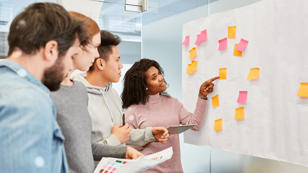 A start-up team brainstorming digital marketing strategies, including SEO, social media, and PPC, to grow their business in 2025.