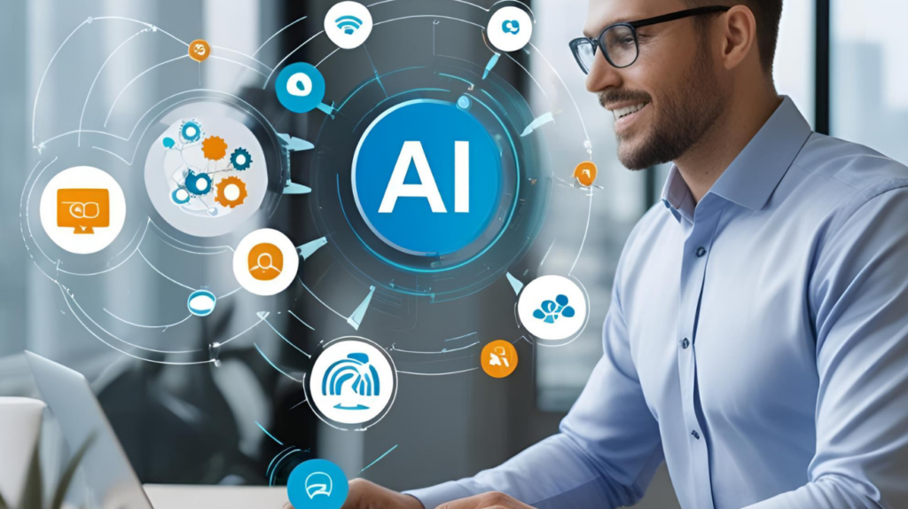 Small business owner using AI tools for digital marketing and automation.